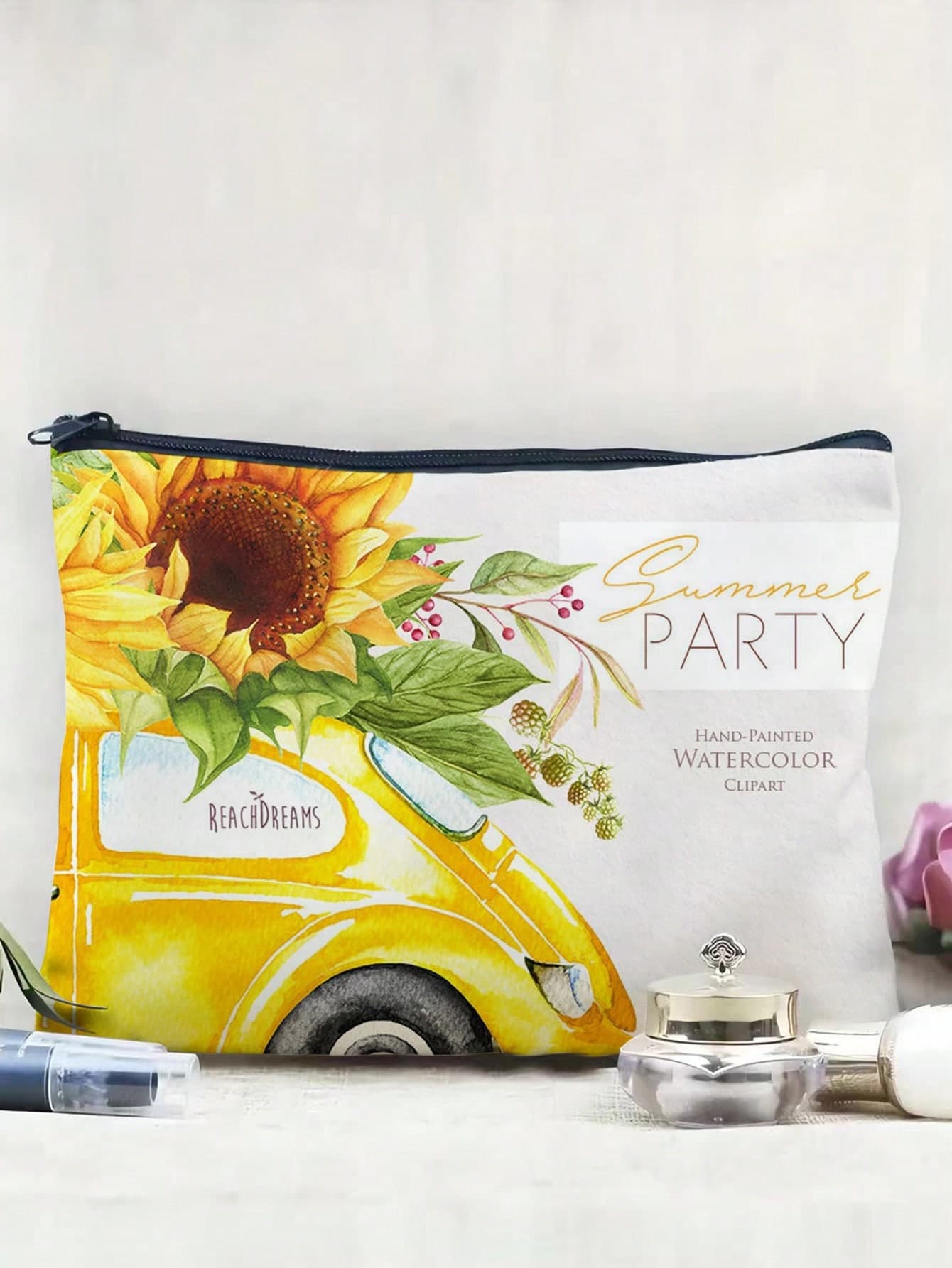 Sunflower Pattern Linen Cosmetic Pouch For Fall Home Decor