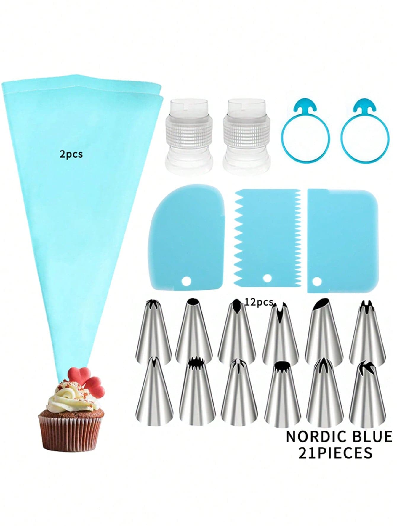 21pcs Reusable Baking Decorating Tips Set - 12pcs Piping Nozzles, 2pcs Small Couplers, 2pcs Blue Piping Bags, 3pcs Blue Icing Spatula, 2pcs Blue Rubber Bands