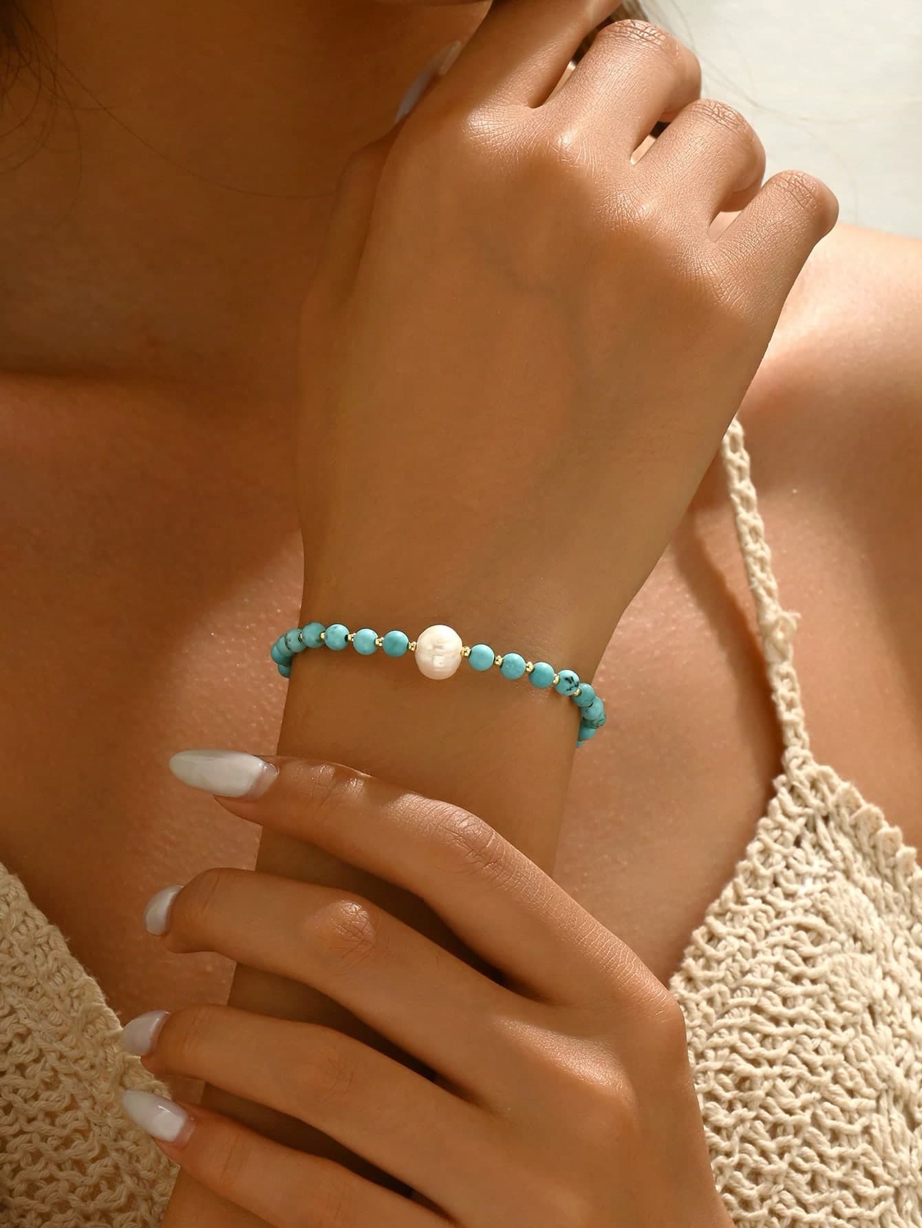 1 Small Fresh Style Turquoise Imitation Pearl, Small Gold Bead Split Bead String Rice Bead Adjustable Bracelet, Women's Vacation Daily Girlfriend Multifunctional Gift Jewelry