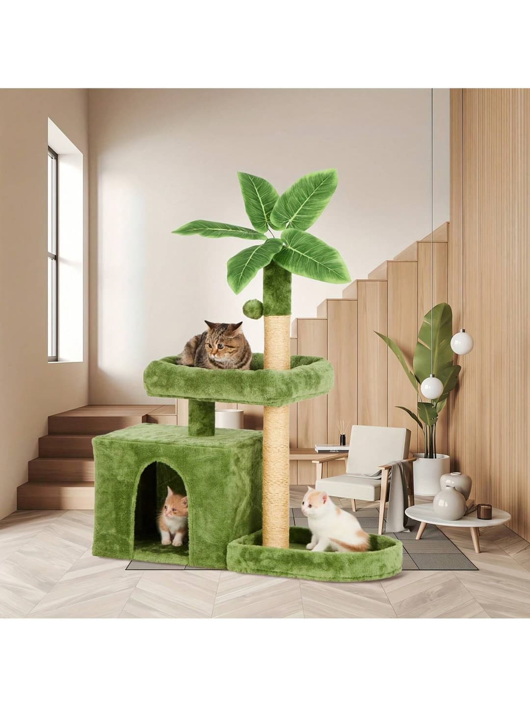 31.5 Inch Indoor Cat Tree, Cat Tower With Cat Apartment, Hanging Ball, Green