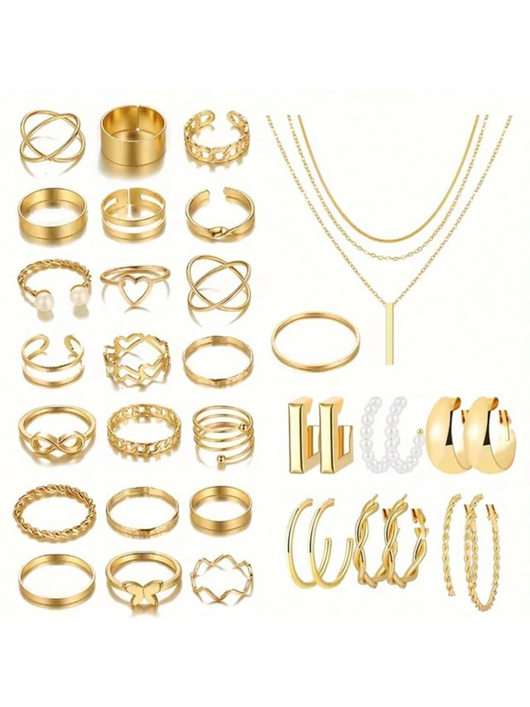 35pcs/Set Simple Love, Butterfly, Metal Geometric Faux Pearl Rings, Earrings, Necklace Jewelry Set For Women, Daily Wear Or Gift