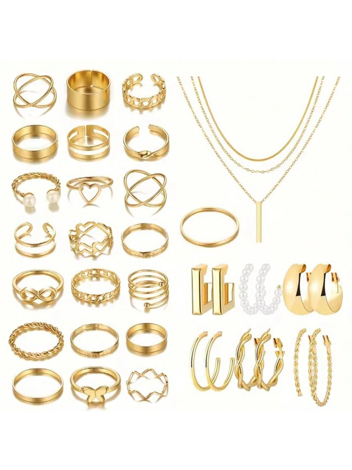 35pcs/Set Simple Love, Butterfly, Metal Geometric Faux Pearl Rings, Earrings, Necklace Jewelry Set For Women, Daily Wear Or Gift
