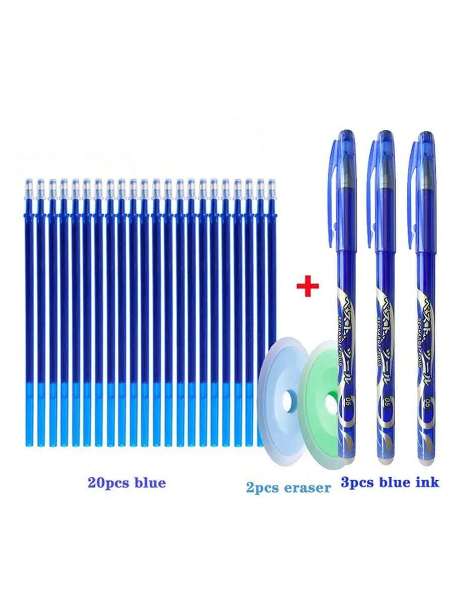 1set Of 25pcs Black, Blue & Red Erasable Gel Pen Refills, 0.5mm Tip, Reusable Pen With Magic Eraser, School & Office Supplies (3pcs Pen + 20pcs Refills + 2pcs Eraser)