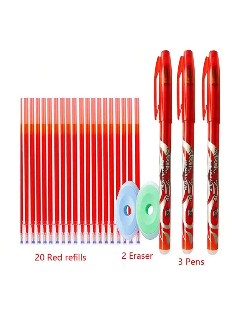 1 Set Of 25pcs Black, Blue & Red Ink Erasable Pen Refills 0.5mm, Magical Erasable Gel Pen With 3pcs Pens, 20pcs Refills & 2pcs Erasers For Office & School Supplies