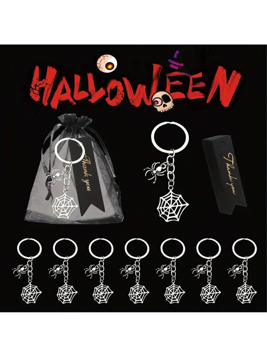 30pcs/Set Halloween Spider Keychain Set Include 10 Spider Keychains 10 Thank You Cards 10 Organza Gift Bags For Halloween Party Trick Or Treat Favors