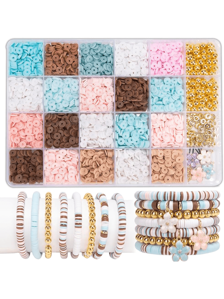 3000pcs School Style Polymer Clay Bracelet / Bangle DIY Set, With Cute Enamel Flower Metal Pendants