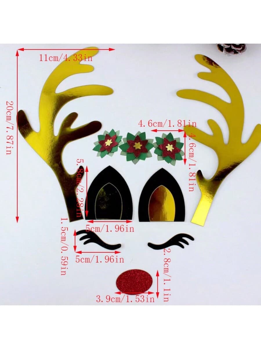 10pcs Paper Poinsettia Reindeer Cake Decoration Set, Paper Reindeer Antler Cake Toppers Baking Supplies For Christmas Cake Decoration, Christmas Party