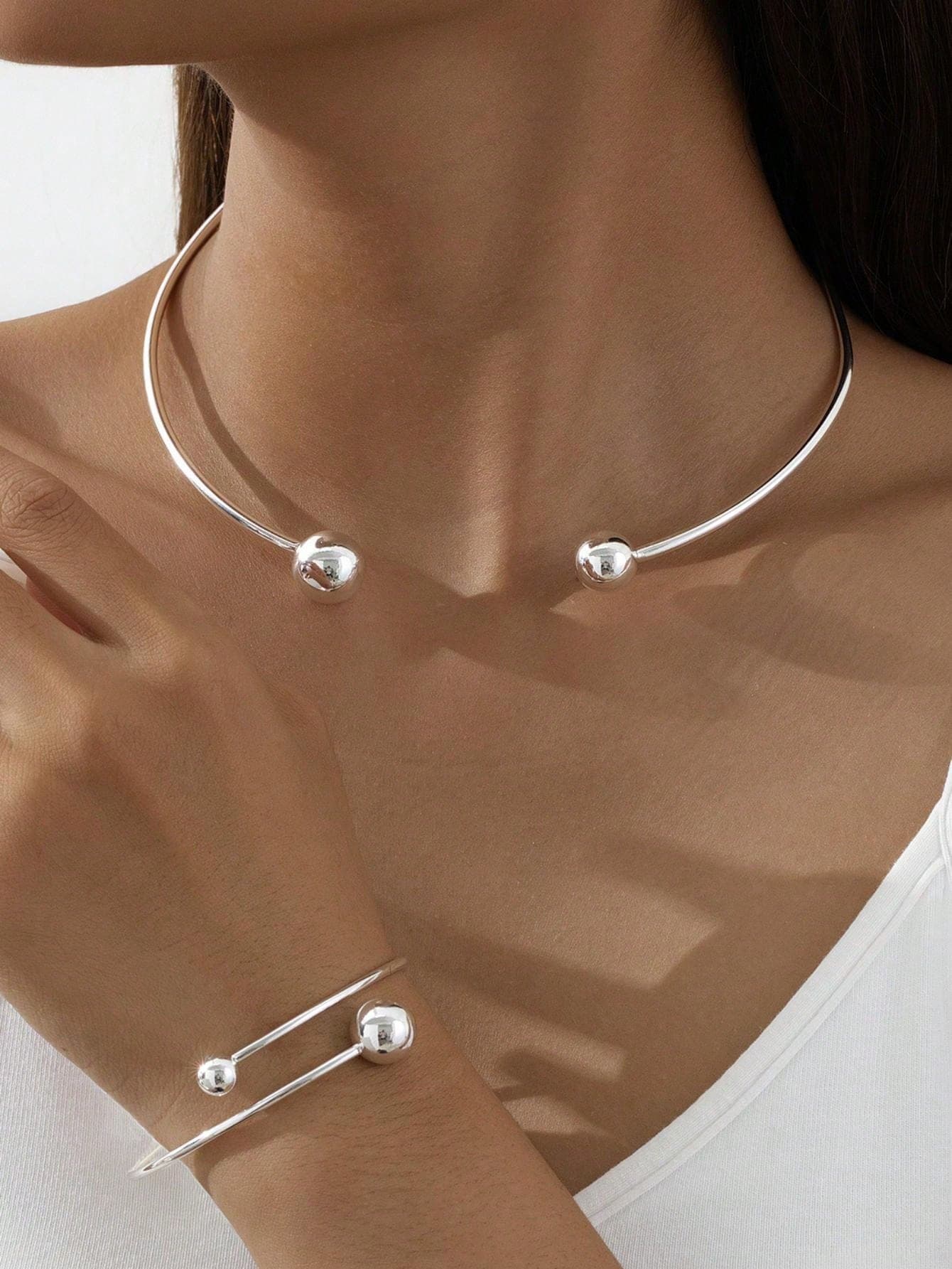 1set Minimalist Elegant Adjustable Gold-Tone Bangle Choker Jewelry Set, Women Holiday Gift