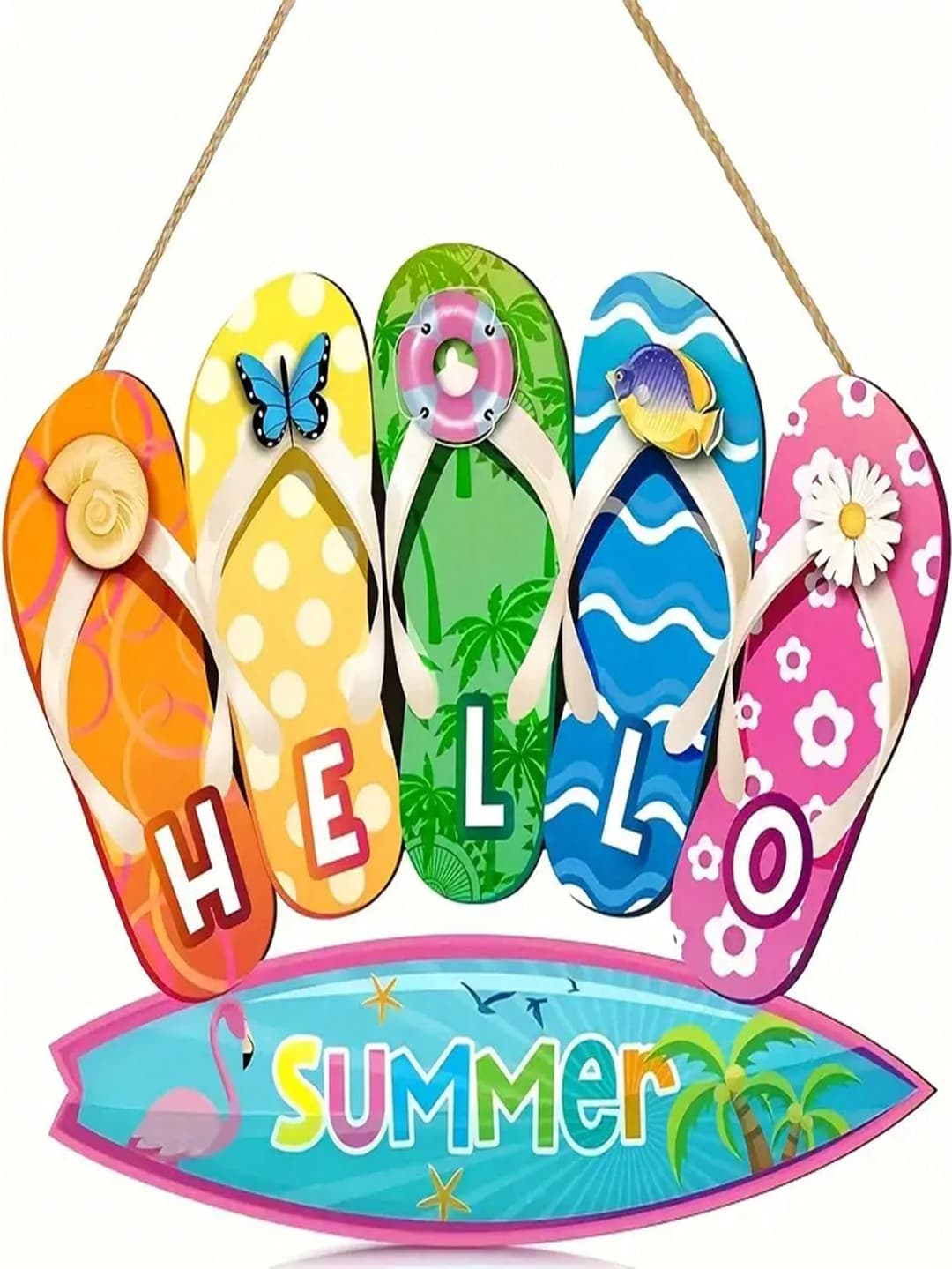 Summer Flip Flop Welcome Door Sign - Contemporary Style Hanging Wall Ornament - General Fit For Indoor & Outdoor Garden Decor - Manufactured Wood With Rope - No Electricity Or Feathers Required