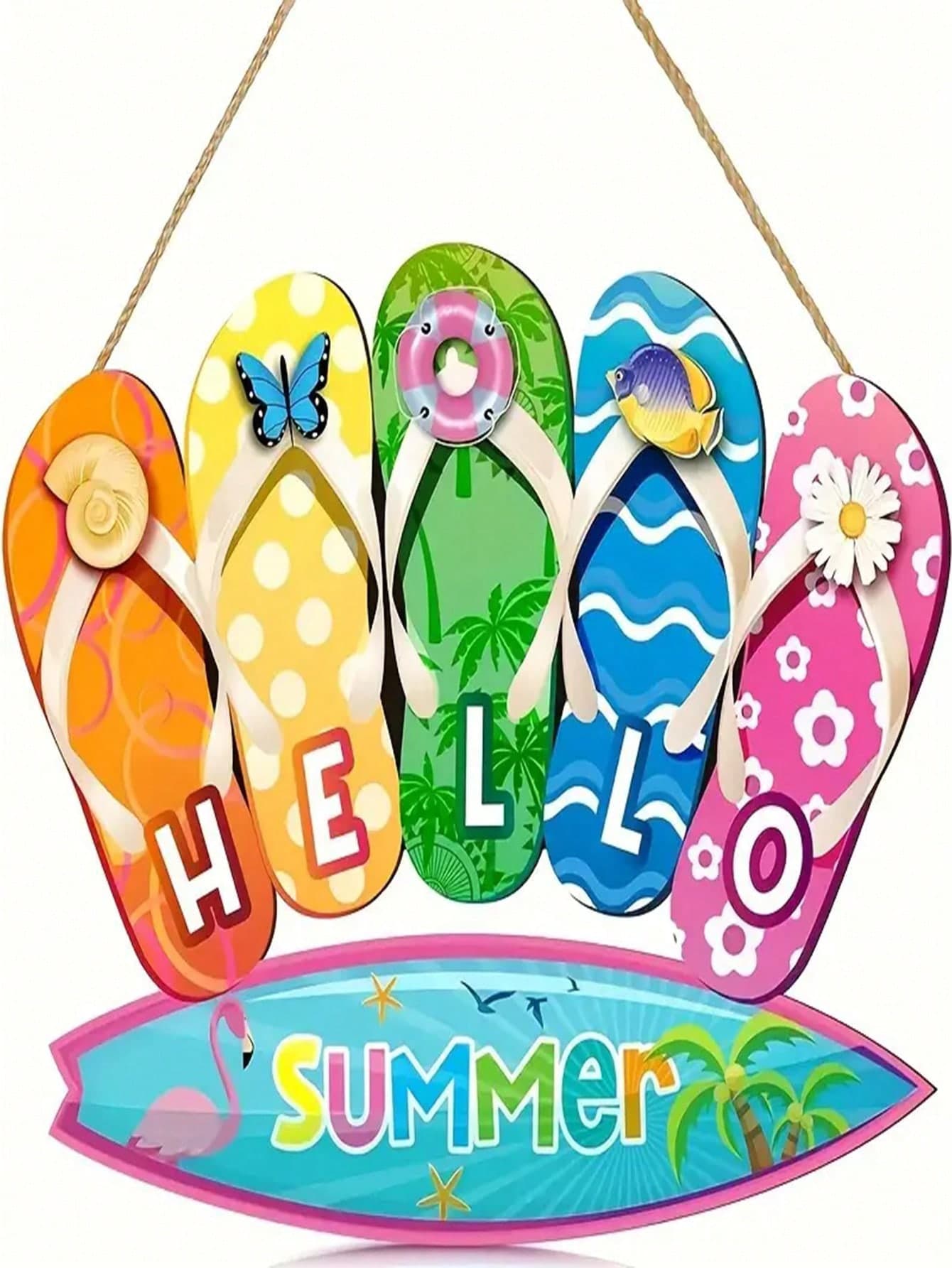 Summer Flip Flop Welcome Door Sign - Contemporary Style Hanging Wall Ornament - General Fit For Indoor & Outdoor Garden Decor - Manufactured Wood With Rope - No Electricity Or Feathers Required