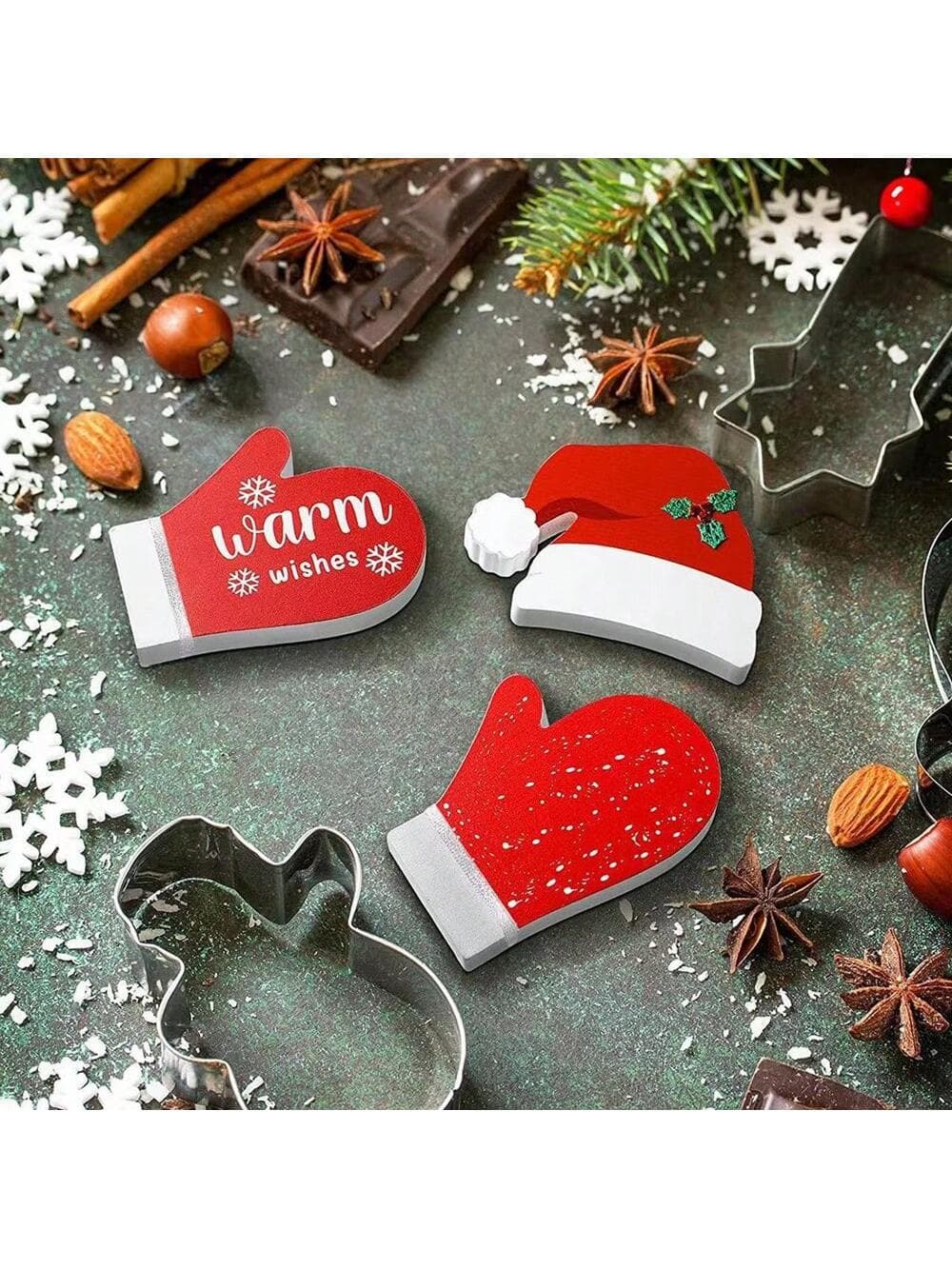 1 Set Of 3 Pcs Cute Christmas Tiered Tray Decorations Indoor, Wooden Gloves And Christmas Hat ,Santa Claus Table Decor For Party Home Decoration
