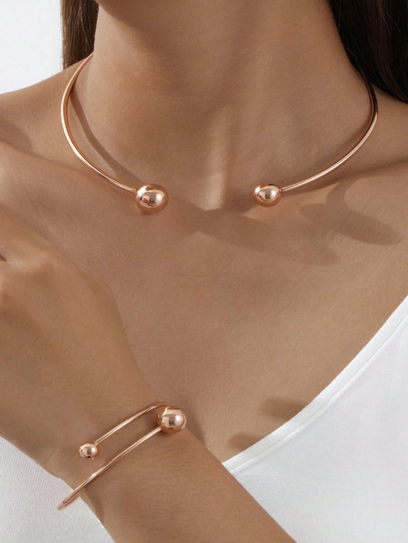 1set Simple Elegant Adjustable Gold-Color Open Bangle Necklace Set, Women Gift