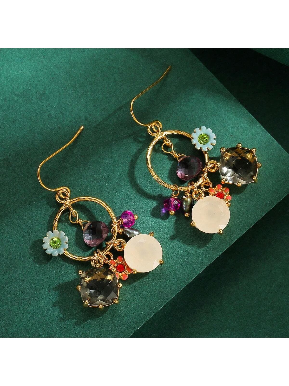 1pc Unique Design Gray Cubic Zirconia, White Jade Flower, Pearl & Tassel Decor Drop Earrings For Women Daily Wear