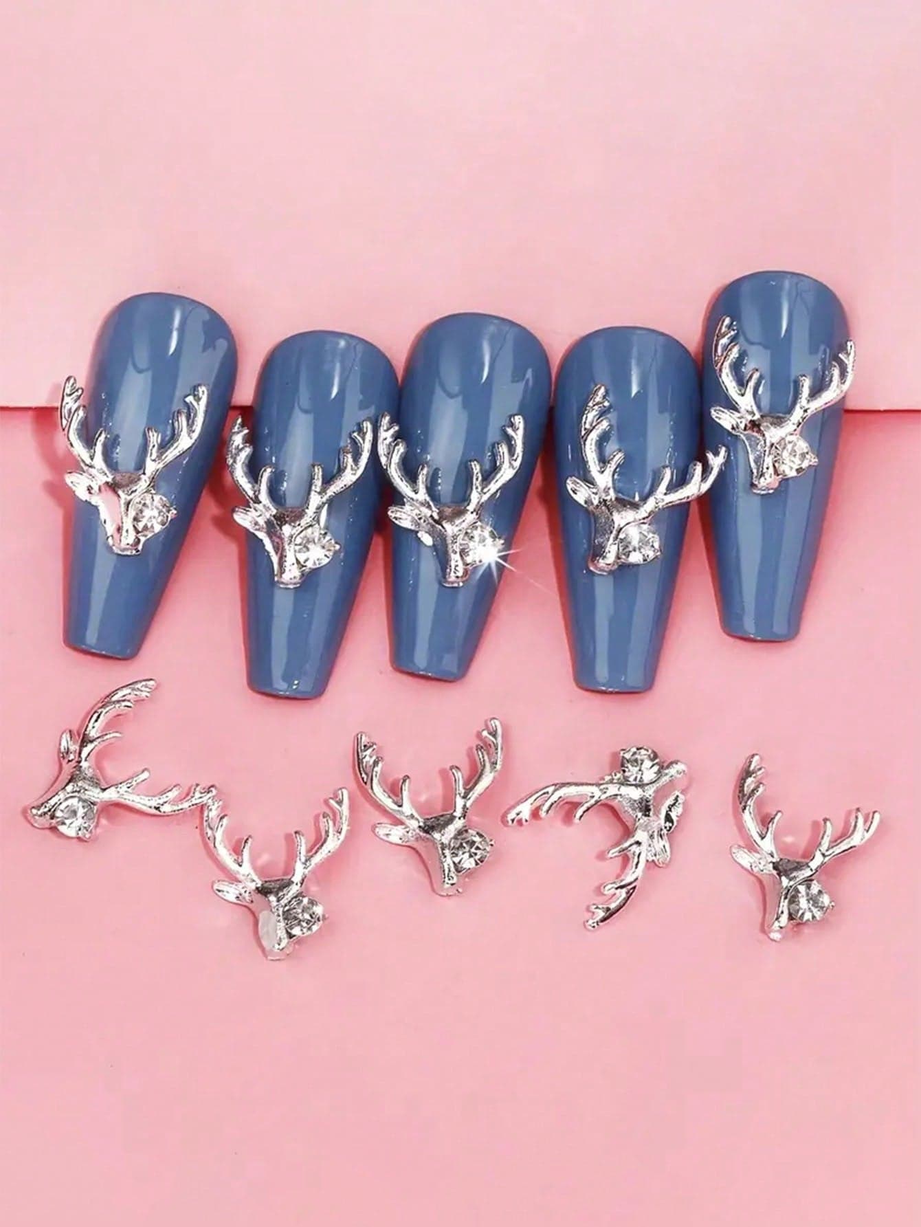10pcs Sparkling Rhinestone Deer Nail Art Charms, Silver-Toned Alloy Reindeer Head Nail Decorations For DIY Christmas Manicure Crafts, Unscented - Ideal For Women And Girls