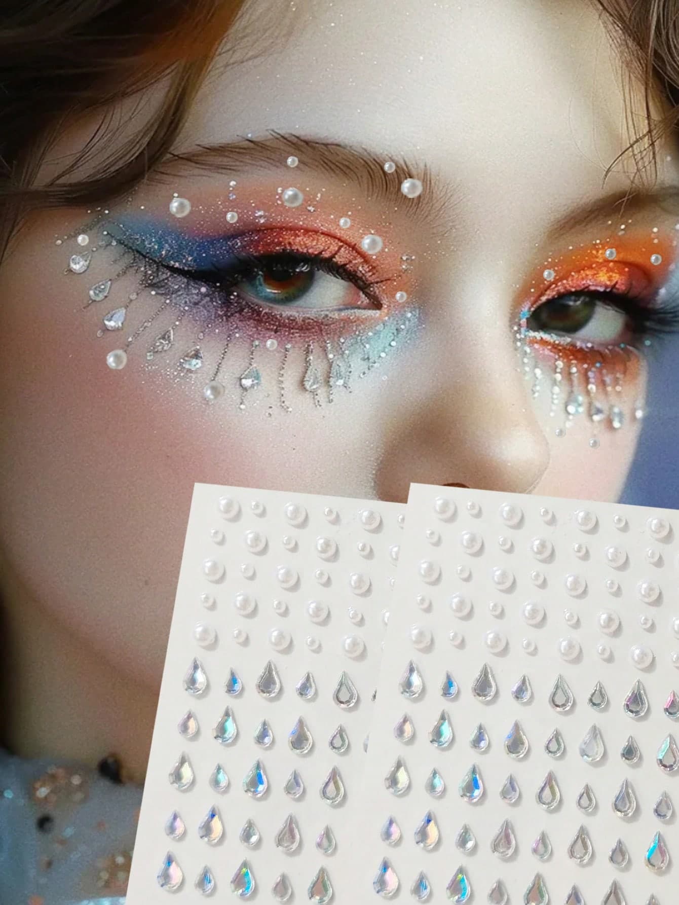 1 Set 2 Pcs White Rhinestones Teardrop Shaped Glittery Stereo Gem Stickers Makeup Holiday Party Music Festival DIY Eyes Face Jewels Stickers Dance Performances Parties And Stage Cosplay Wedding Fake Tattoos