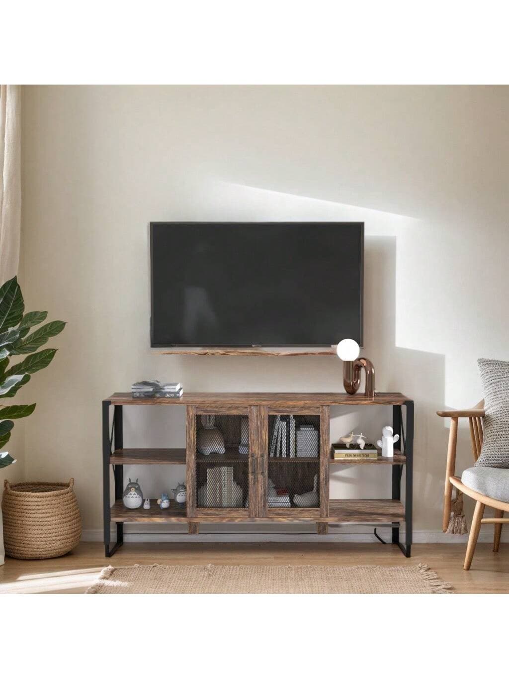 TV Stands For Living Room, Industrial TV Stand For Bedroom Furniture, Farmhouse TV Stand 80 Inch Television Stand , Modern Horizontal Wood And Metal Open Bookshelf