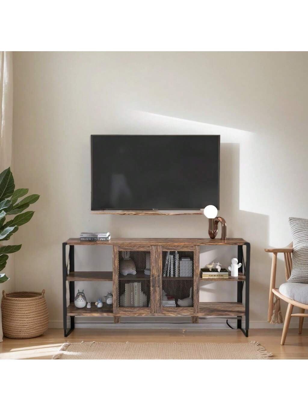 TV Stands For Living Room, Industrial TV Stand For Bedroom Furniture, Farmhouse TV Stand 80 Inch Television Stand , Modern Horizontal Wood And Metal Open Bookshelf
