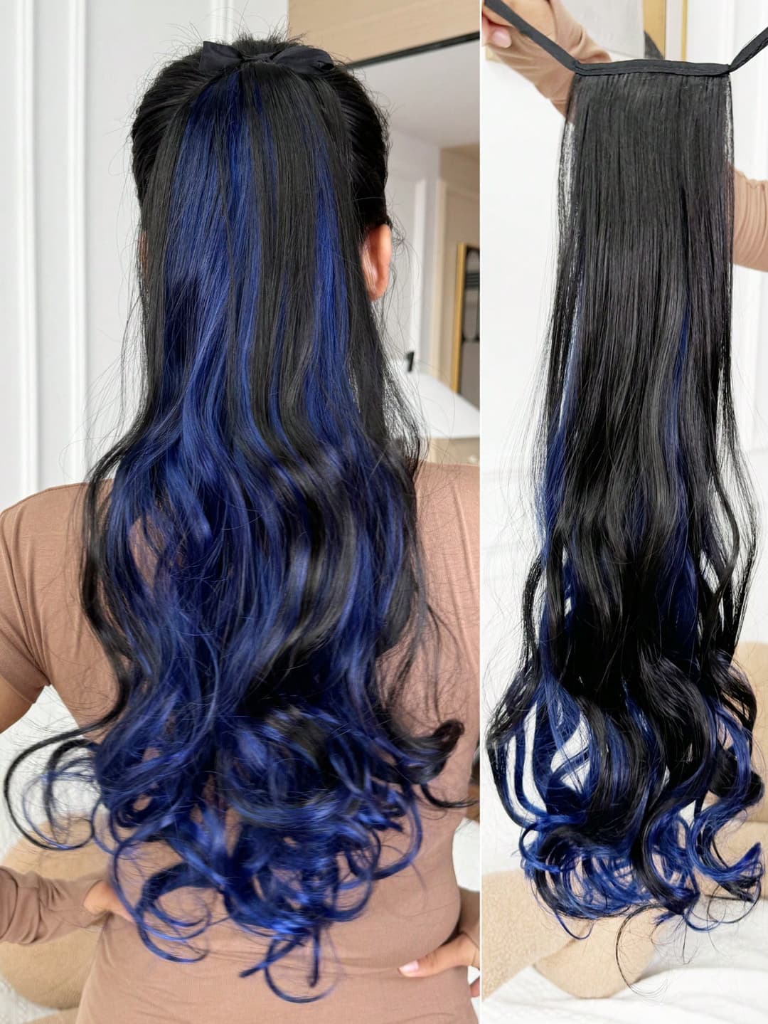 22 Inches Synthetic Hair Band Long Curly Body Wave Ponytail Clip With Hair Extension Wrapping Ponytail Extension Hair For Women Daily Used (Black+Blue)Heat Resistant Fiber Synthetic Ponytail