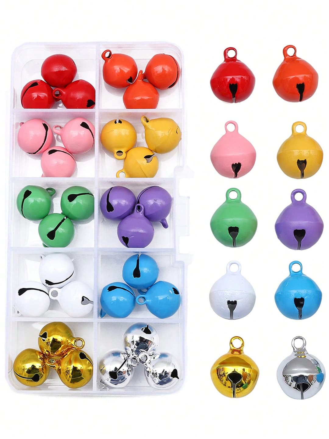 30pcs/Box 14mm Color Spray Painted Small Bells In 10 Grid Storage Boxes Suitable For Making Key Chain Pendants Bells DIY Christmas Jewelry Accessories, Phone Chains, Clothing Accessories