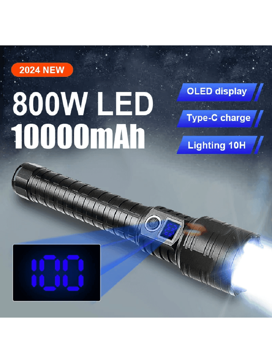 2024 Powerful 800W LED Flashlight With Power Display Supports Type-C USB Charging Spotlight 5 Modes Adjustment Retractable Zoom Waterproof Lantern Outdoor Adventure Hiking Emergency Lighting
