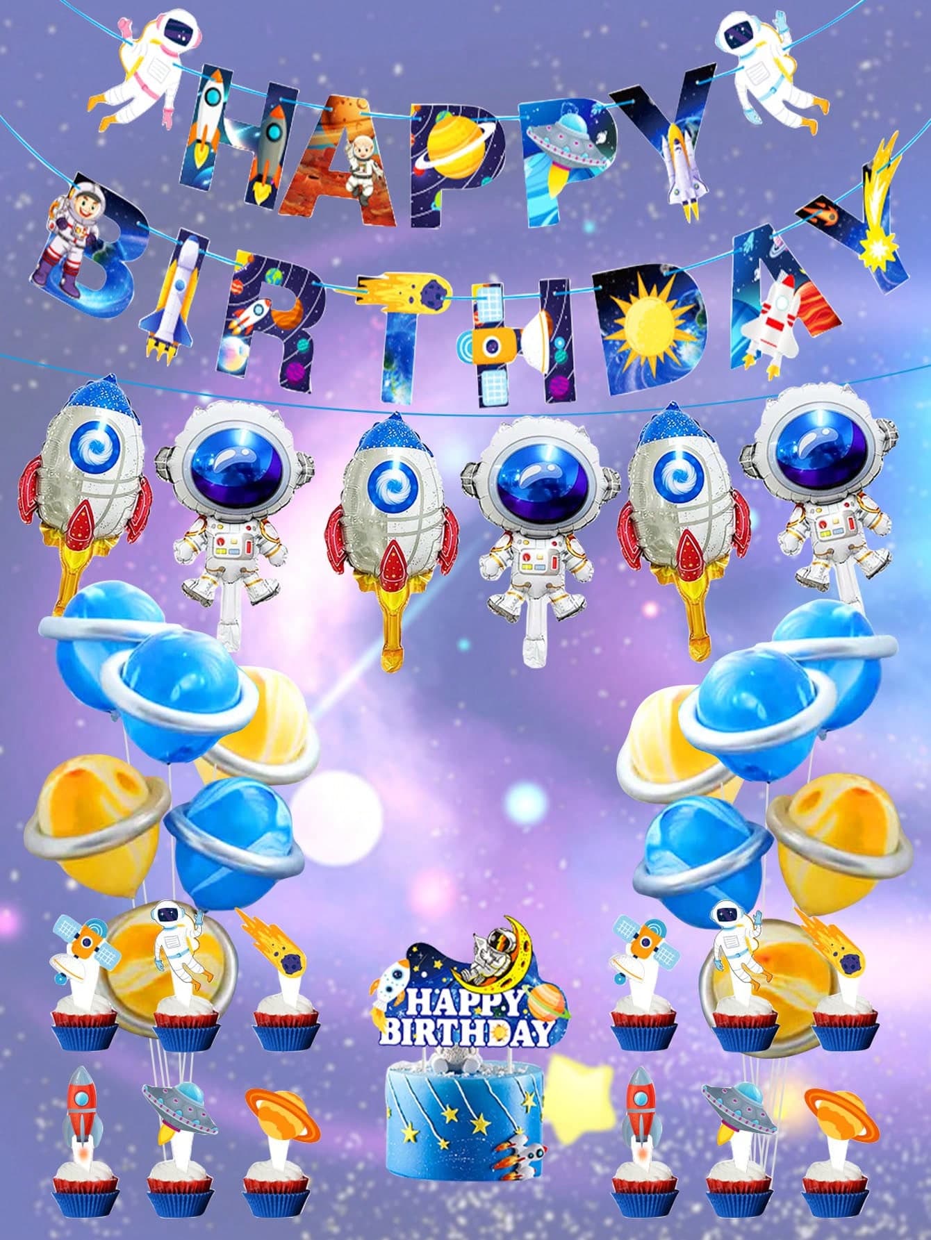34pcs/Set Astronaut Space Theme Balloon Kit, Mini Astronaut Rocket Foil Balloons + Cake Toppers For Birthday Party Decorations