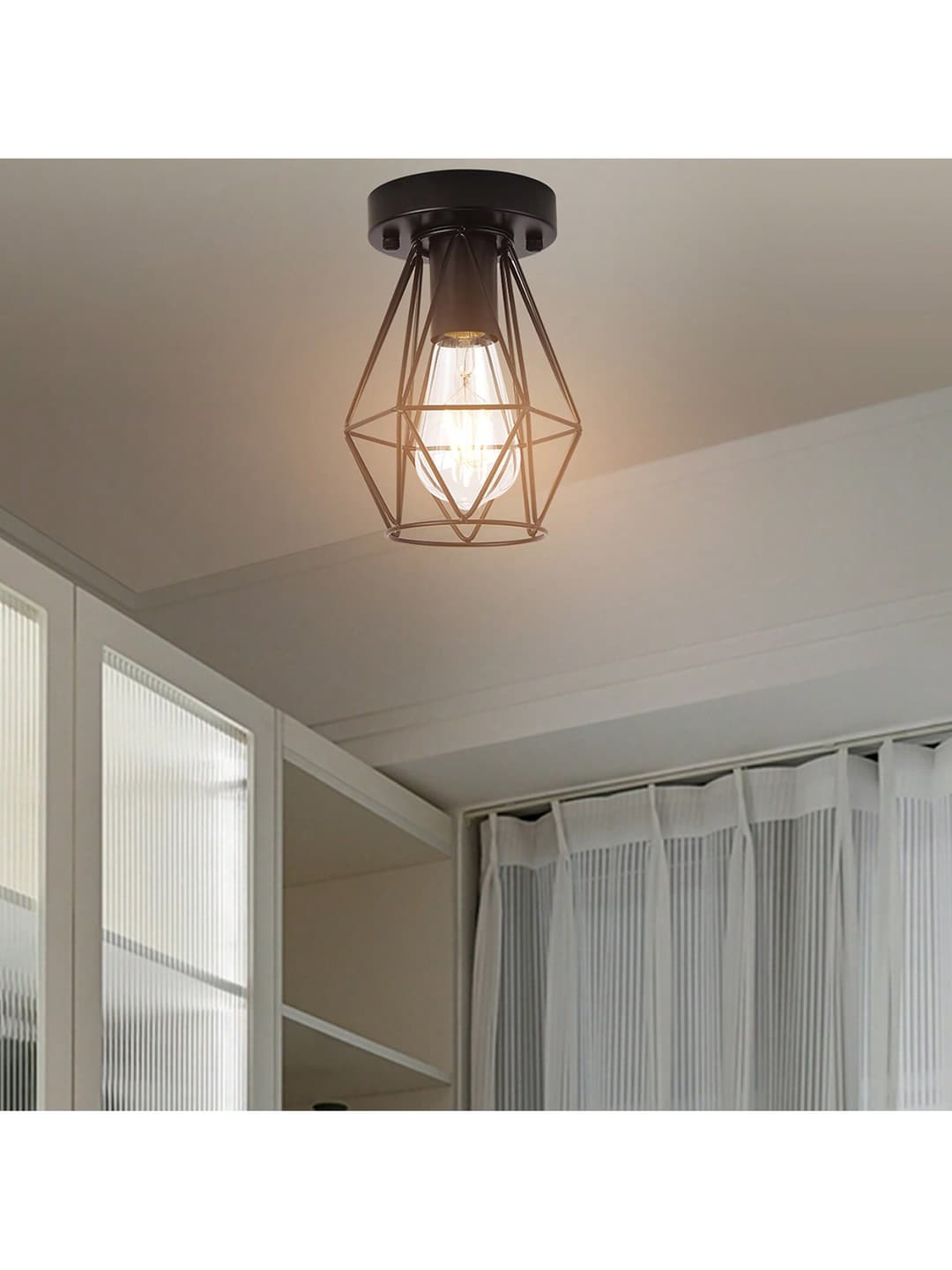 KUNJOULAM 2-Pack Semi Flush Mount Ceiling Light, Industrial Black Hallway Light Fixtures Ceiling Mount, Hollow Metal Cage Pendant Ceiling Light, Farmhouse Ceiling Lamp For Kitchen,Bedroom
