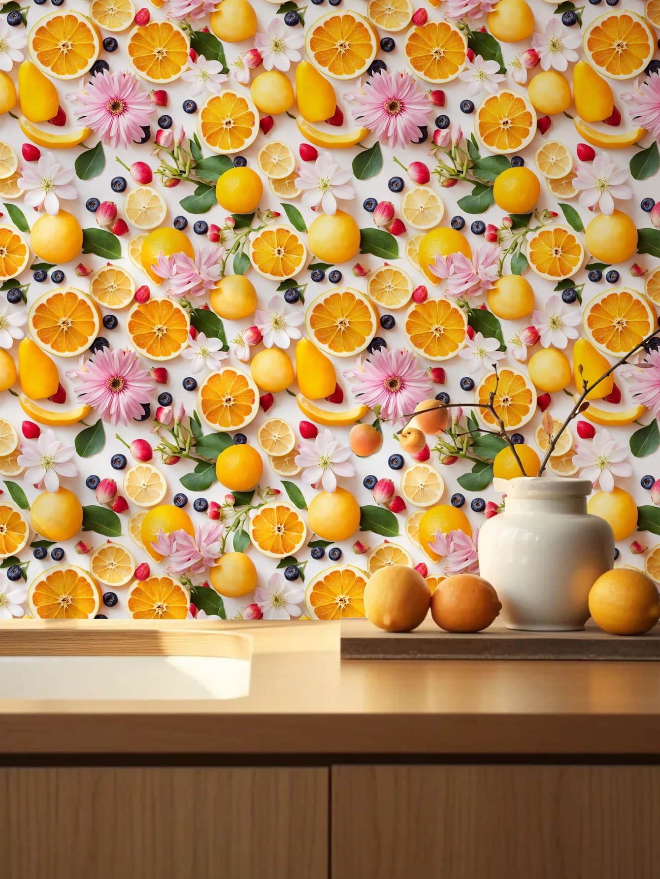 1 Roll Of Retro Thickened Orange Fruit Flower Wallpaper With A Fresh Style Suitable For Home Decoration, Dining Rooms, Kitchens, Cabinets, Tables And Chairs, Room Backgrounds, Home Renovation, DIY, Waterproof, Stain Resistant, Easy To Clean, Self-Adhesive, Peel And Paste Wallpaper, Wall Stickers, Wall Stickers