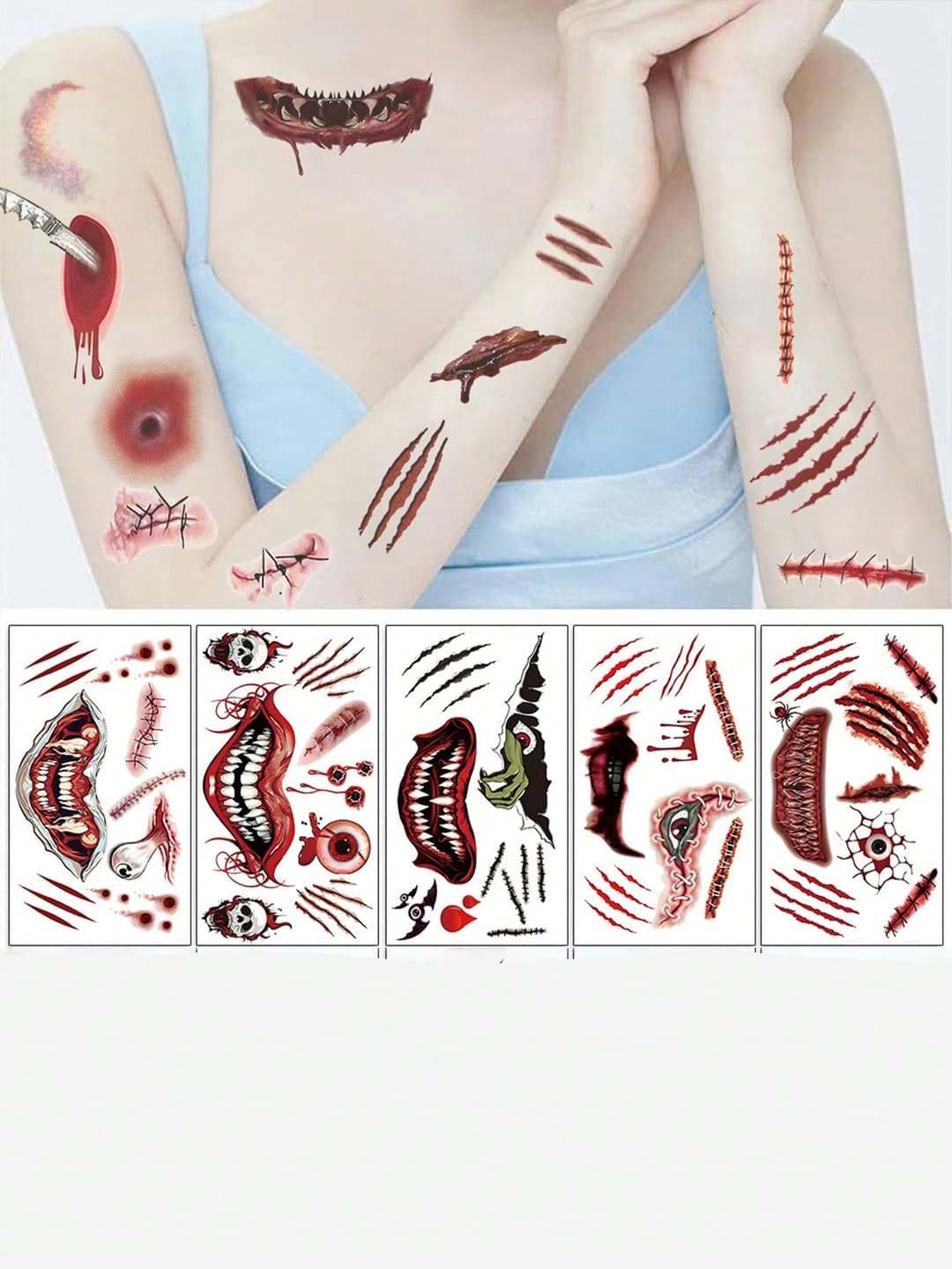 10pcs Premium Realistic Horror Scar Tattoo Sticker, Scary Halloween/Christmas Temporary Tattoo