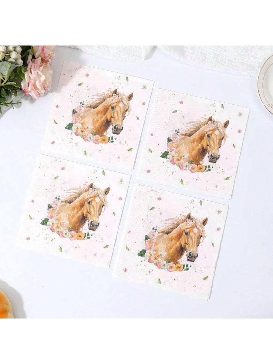 20pcs Creative Horse & Flower Printed Disposable Paper Napkins For Party, Festival Decorations