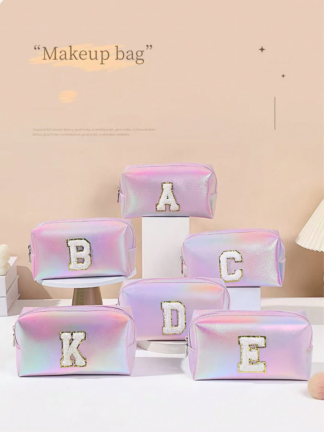 Internet Celebrity PU Iridescent Laser Makeup Bag Ins Single Letter Embroidery Wash Bag Travel Portable Pillow Shaped Storage Bag