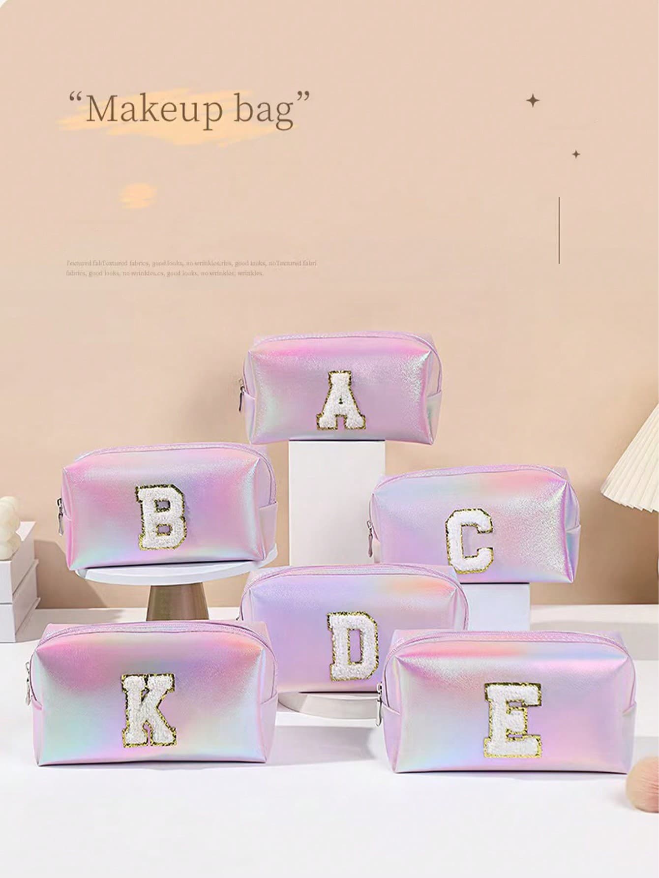 Internet Celebrity PU Iridescent Laser Makeup Bag Ins Single Letter Embroidery Wash Bag Travel Portable Pillow Shaped Storage Bag