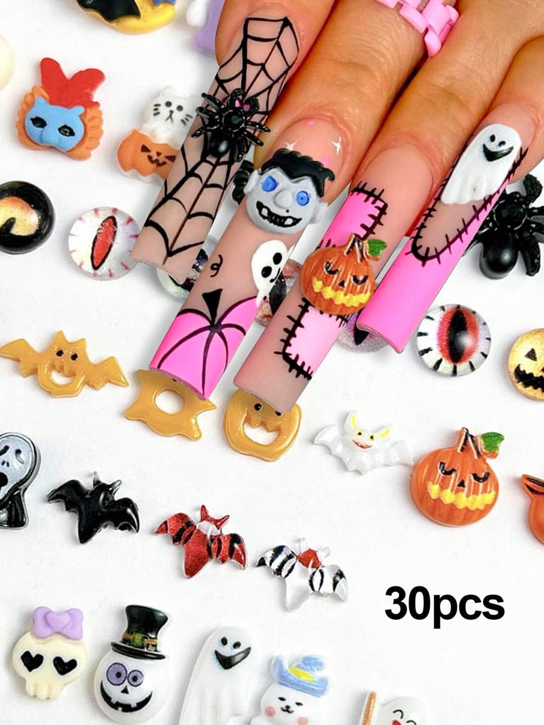 30pcs Nail Art Decorations DIY Art Punk Style Mixed Pumpkin/Spider/Bat/Witch/Vampire 3D Three-Dimensional Nail Art Decoration Accessories Jewelry