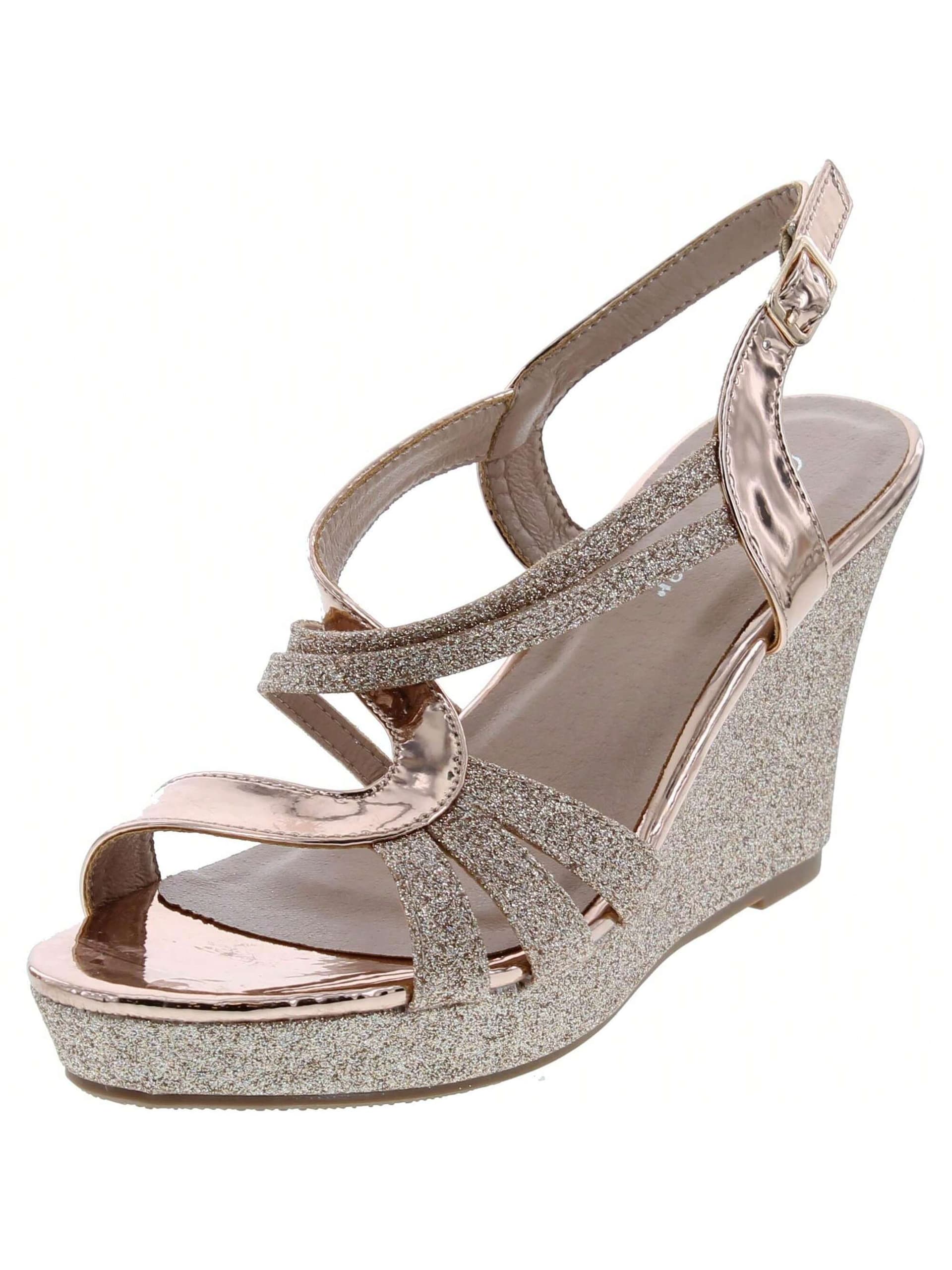 Women's Glitter Strappy Wrapped Wedge Heel Platform Sandals