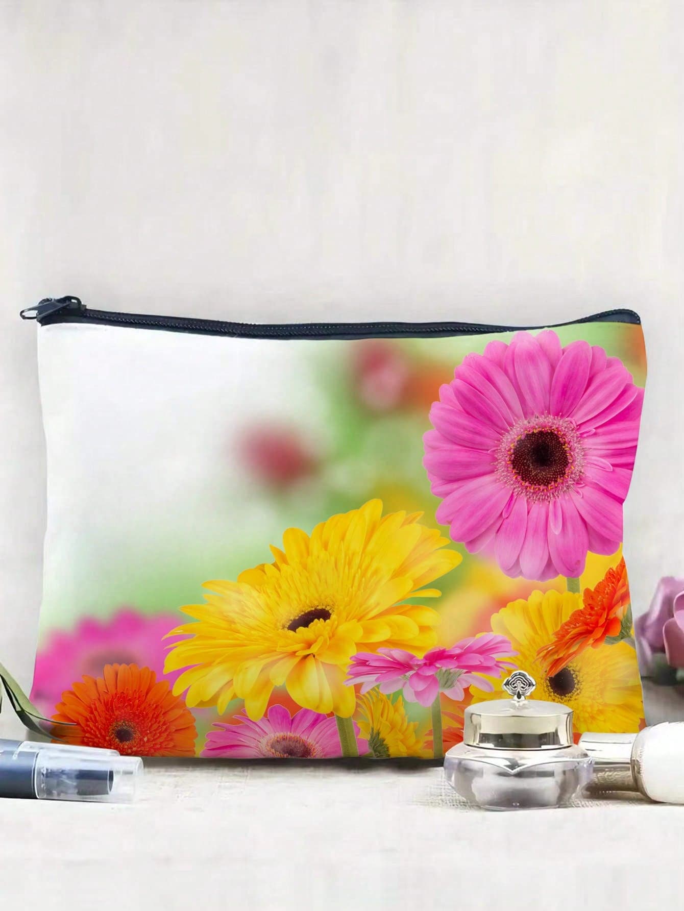 Sunflower Pattern Linen Cosmetic Bag For Fall Home Decor
