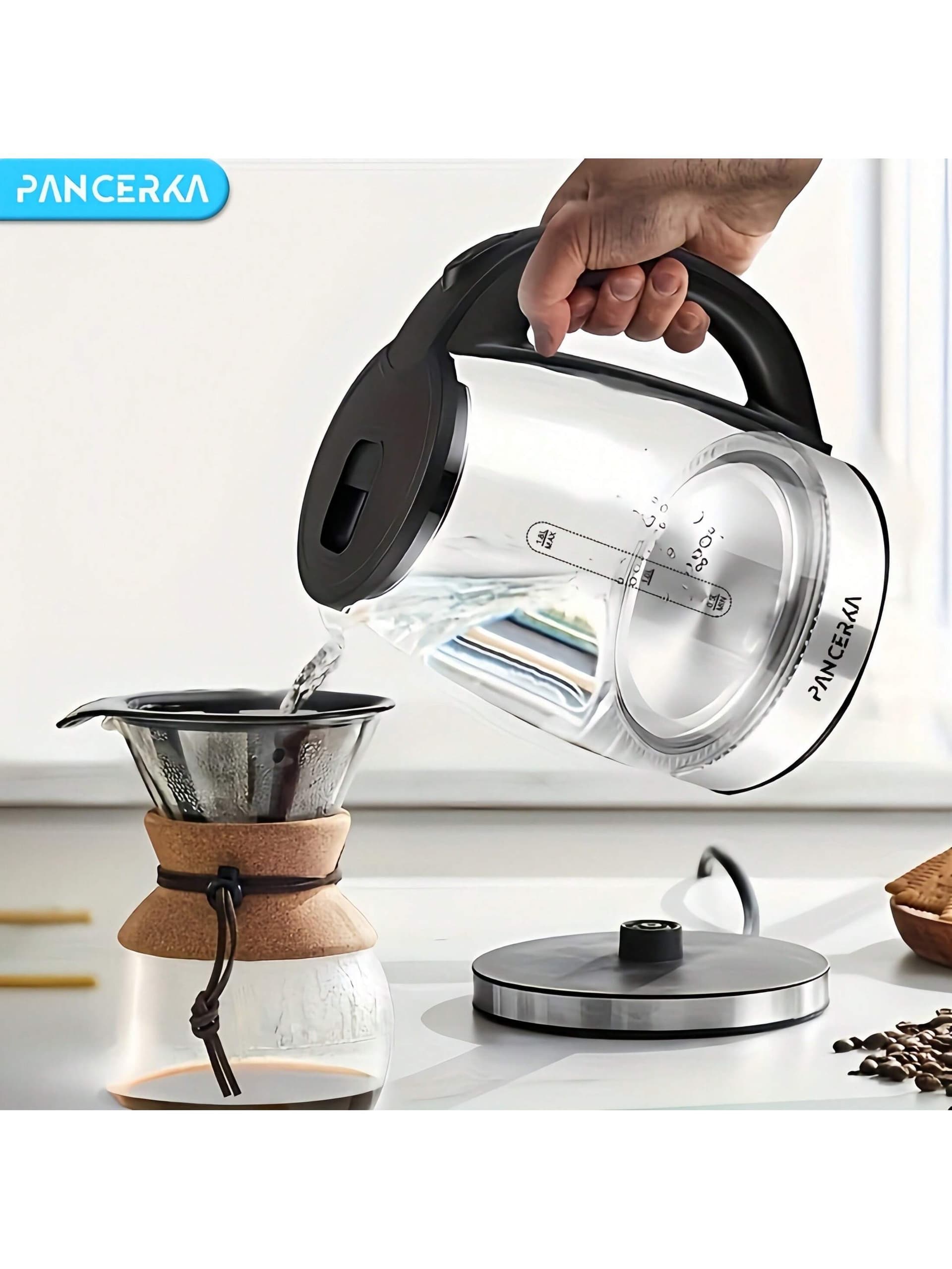 1PC-PANCERKA- Electric Kettle For Coffee & Tea - 1.8L Water Boiler 1000-1500W, Borosilicate Glass, Easy Clean Wide Opening, Auto Shut-Off, Cool Touch Handle, LED Light. 360° Rotation, Boil Dry Protection