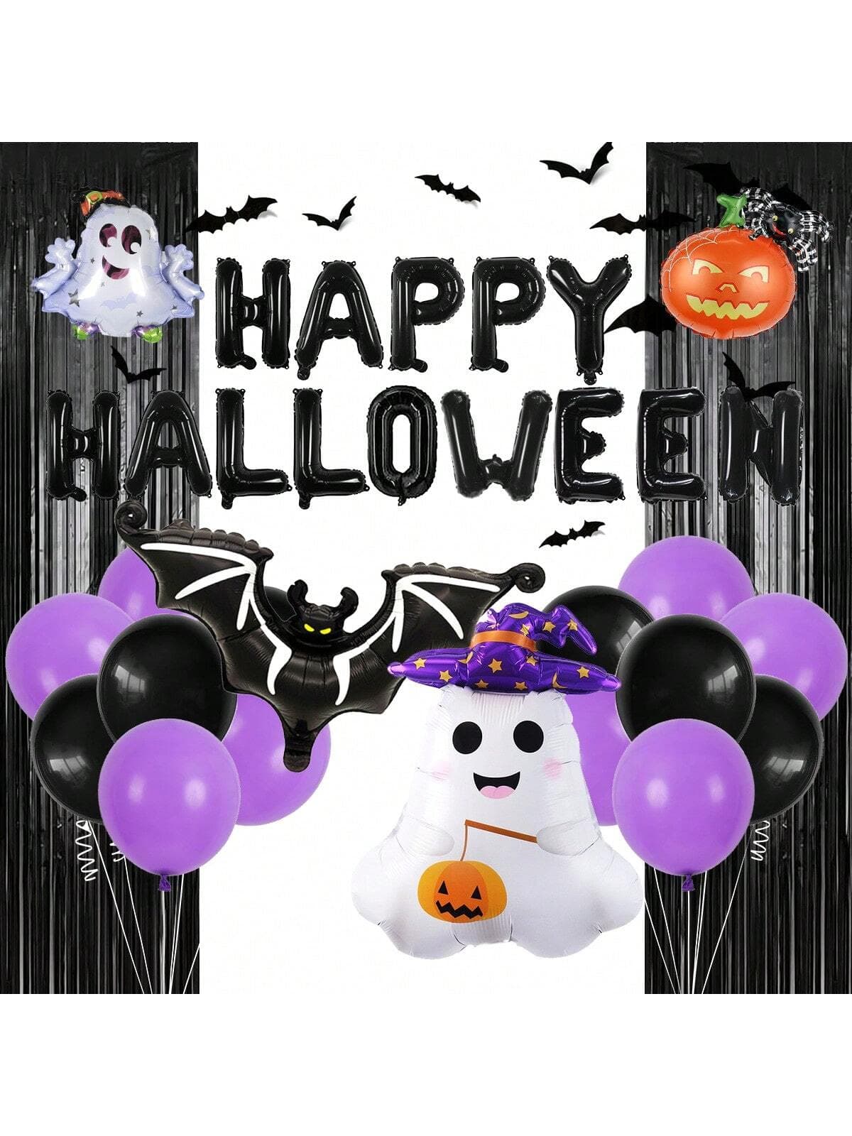 41pcs/Set Halloween Decorations Aluminum Foil Balloons, Scary Pumpkins, Spiders, Magical Ghosts, Scary Ghosts, Black Bat Balloons And Bat Stickers, Black Tinsel Curtain, For Halloween Party, Bar, Haunted House, Trick Or Treat Party Decorations, Day Of The Dead Party Decor, Indoor Decoration, Halloween Horror Theme Party Supplies