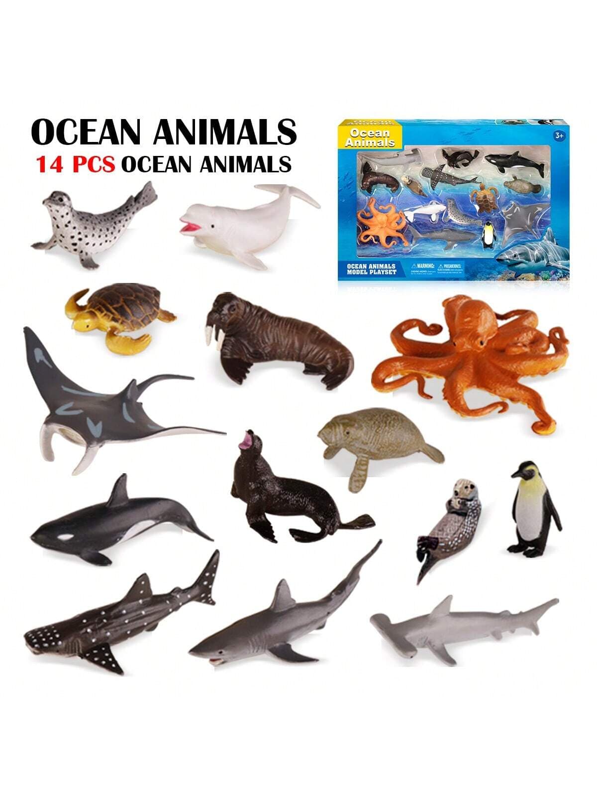 14PCS Simulated Sea Life Toy Model Realistic Marine Ocean Animals Whale Shark Dolphin Turtle Octopus Toys For Kids Birthday Gifts Box