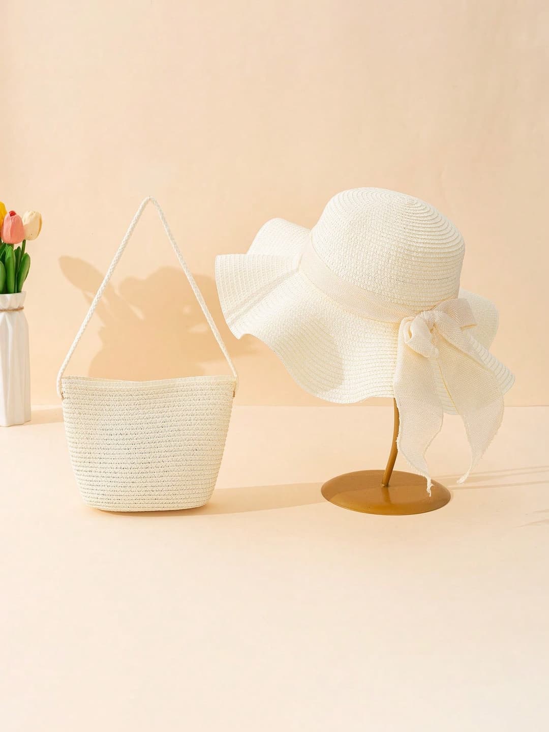 2pcs Women Khaki Wavy Bow Beach Sun Hat & Straw Crossbody Bag Set, Suitable For Vacation Outing