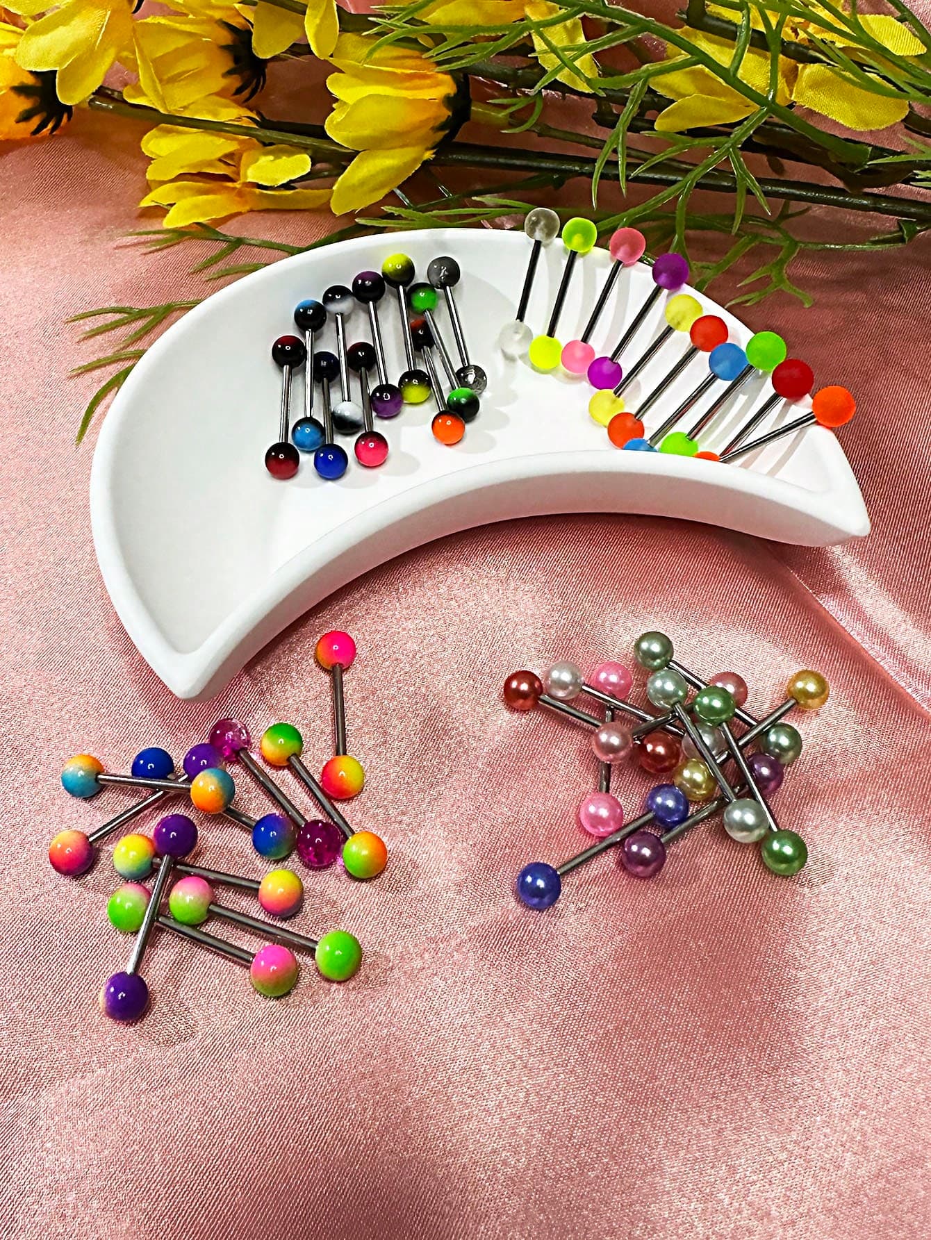 35pcs Mixed Acrylic Body Piercing Pearl Effect, Transparent Dual Color, Matte Tongue Rings For Women, Everyday And Festival Wear