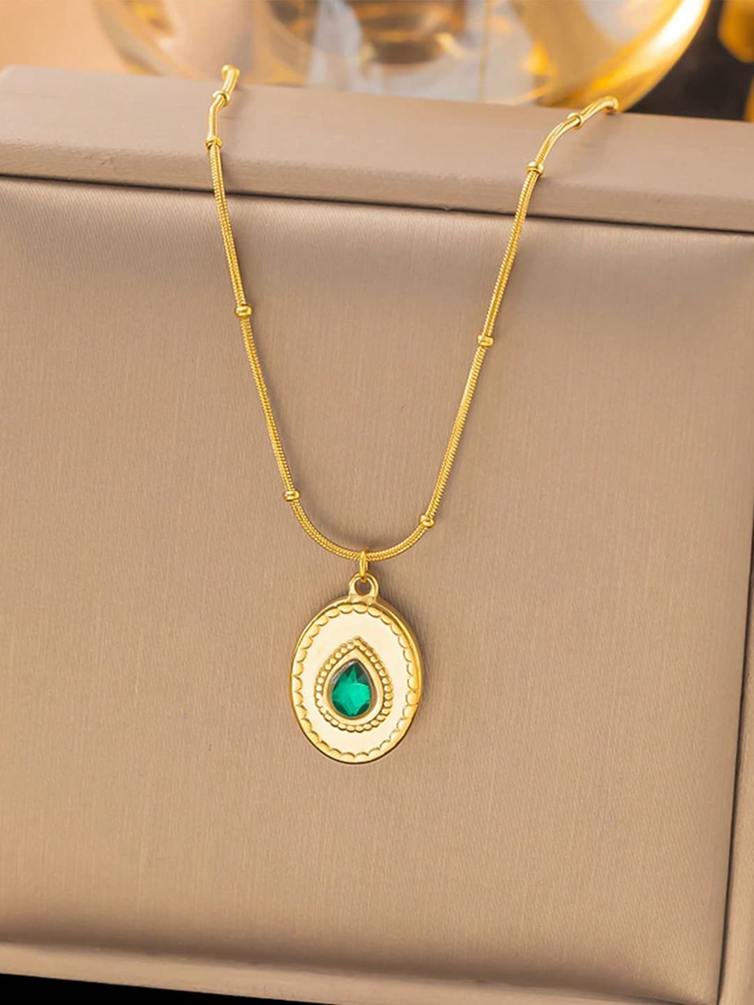 1pc Trendy Gold Stainless Steel Green Cubic Zirconia Pendant Necklace, Everyday Jewelry Gift For Women