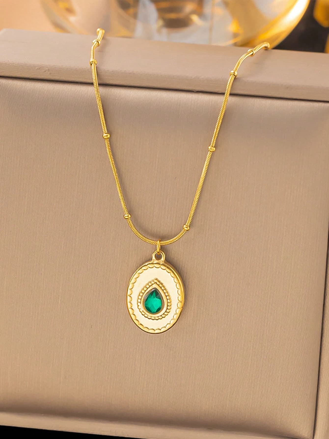 1pc Trendy Gold Stainless Steel Green Cubic Zirconia Pendant Necklace, Everyday Jewelry Gift For Women