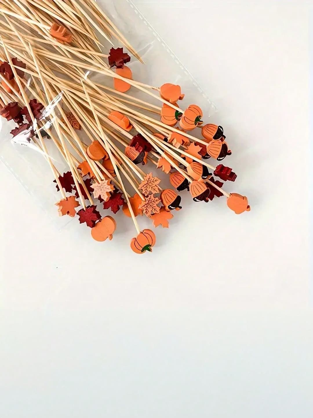 30pcs Autumn Cocktail Picks - Decorative Bamboo Toothpicks With Maple Leaves, Pumpkins, And Acorns For Appetizers, Fruit Skewers - Versatile For Thanksgiving, Halloween, Christmas, Easter, & Parties