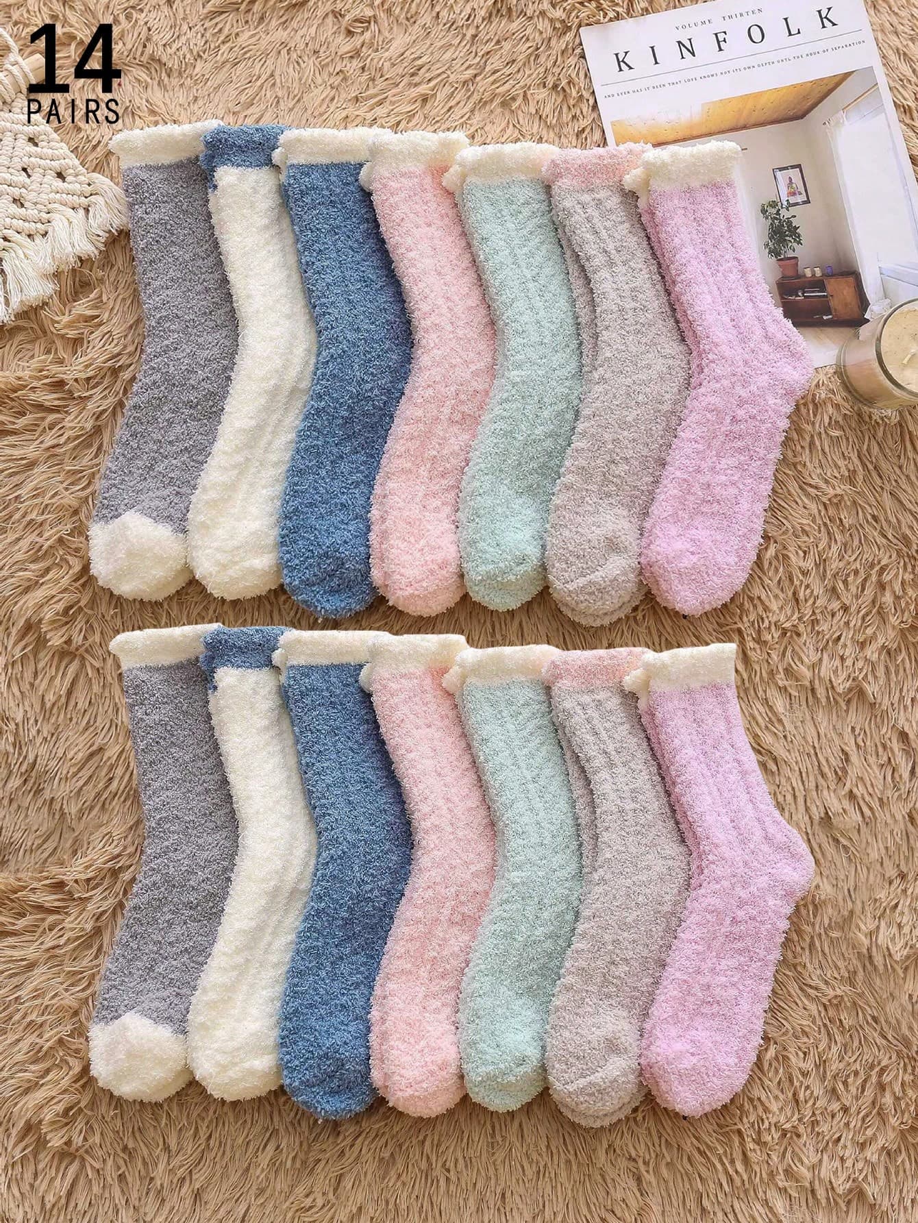 14pairs Coral Fleece Cozy Absorbent Ankle Socks For Women, Thick & Warm, Fall/Winter