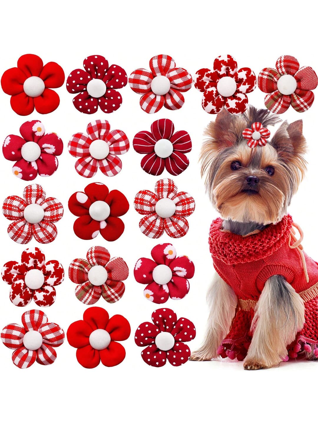 20pcs Pet Flower Hair Accessories, Assorted Red Floral, Checkered, Polka Dot Pet Headband, Dog Cat Hair Ties