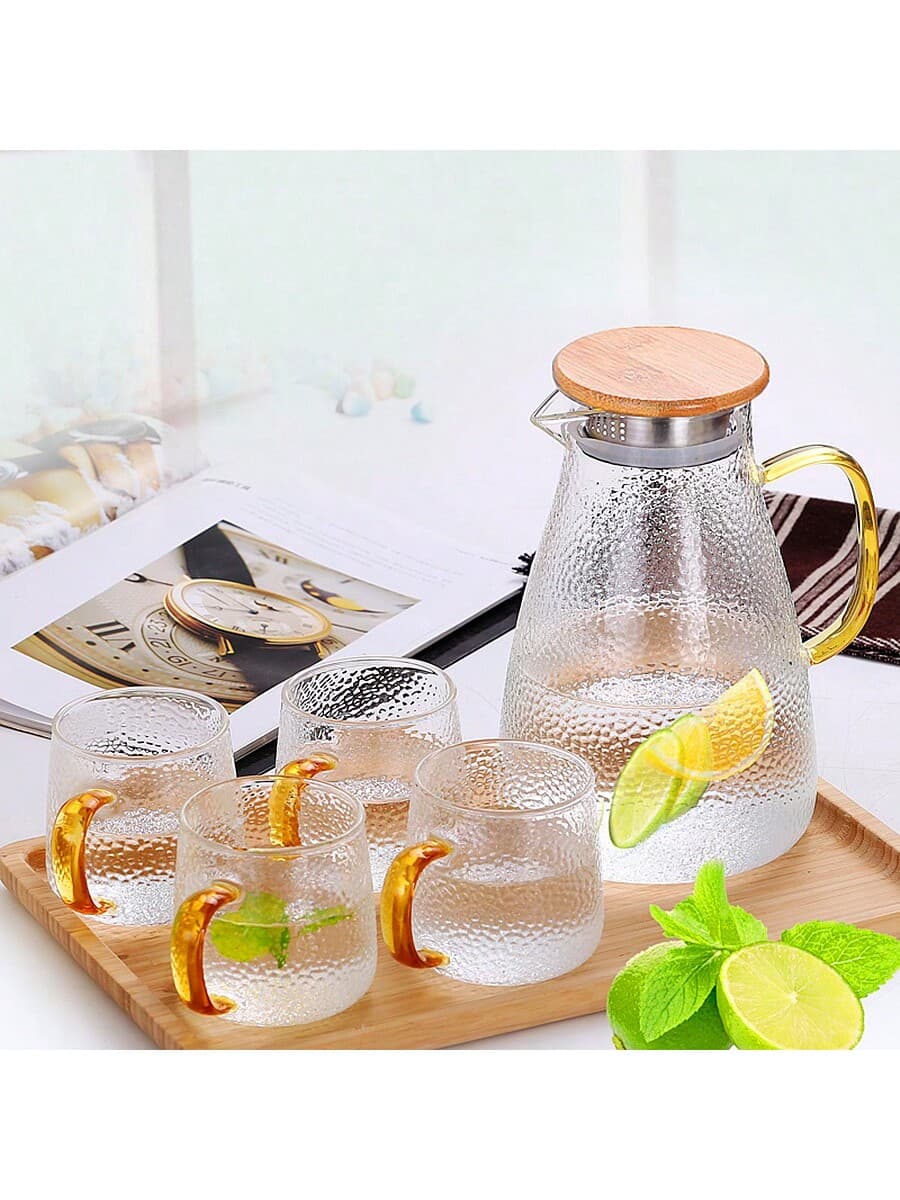 1 Pitcher & 4 Cups Heatproof Glass Water Carafe Set, High Borosilicate Glass Large Capacity Modern Simple Water Pitcher Juice Jug Tea Pot Tumbler Set