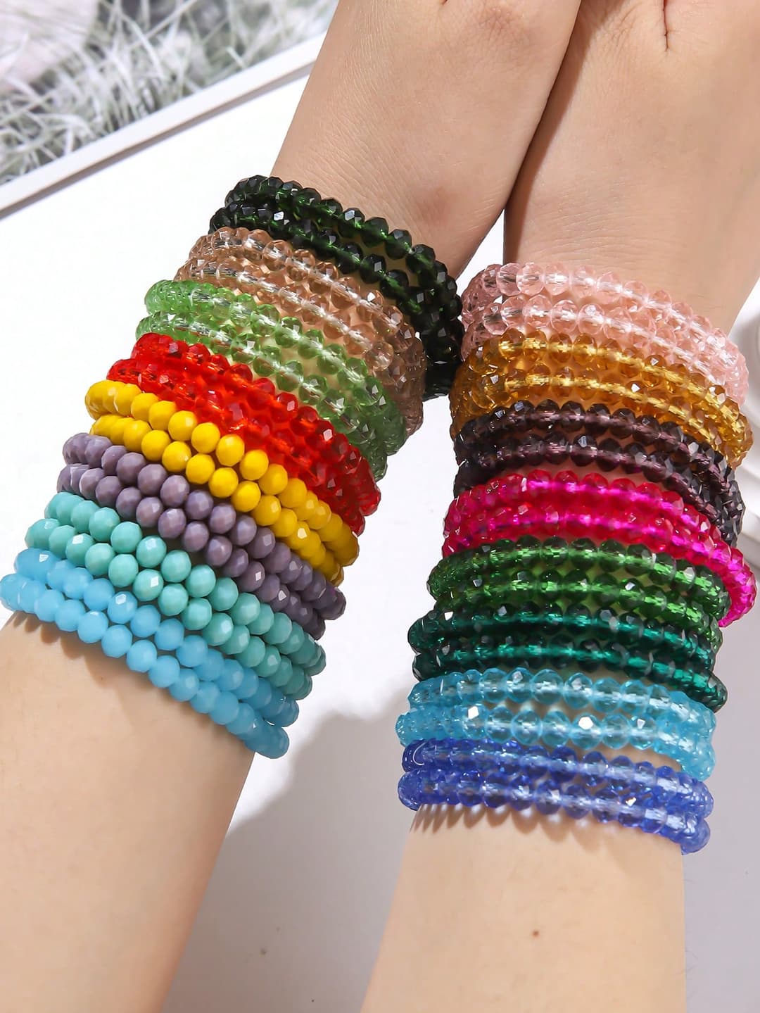 34pcs/Set Multi-Color Faceted Glass Beaded Bracelets, Trendy Versatile Jewelry Set For Women