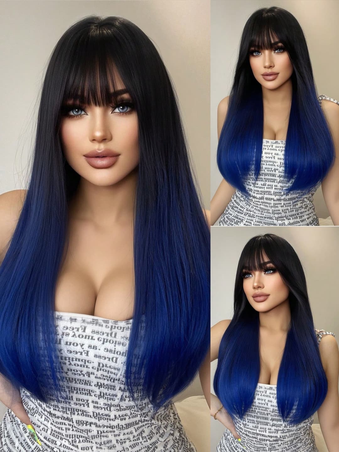 1-Piece Synthetic Heat Resistant Straight Hair With Bangs Princess Cut Wine Gradient Ramp 28 Inch Fully Machine Woven Daily Natural Realistic Wig