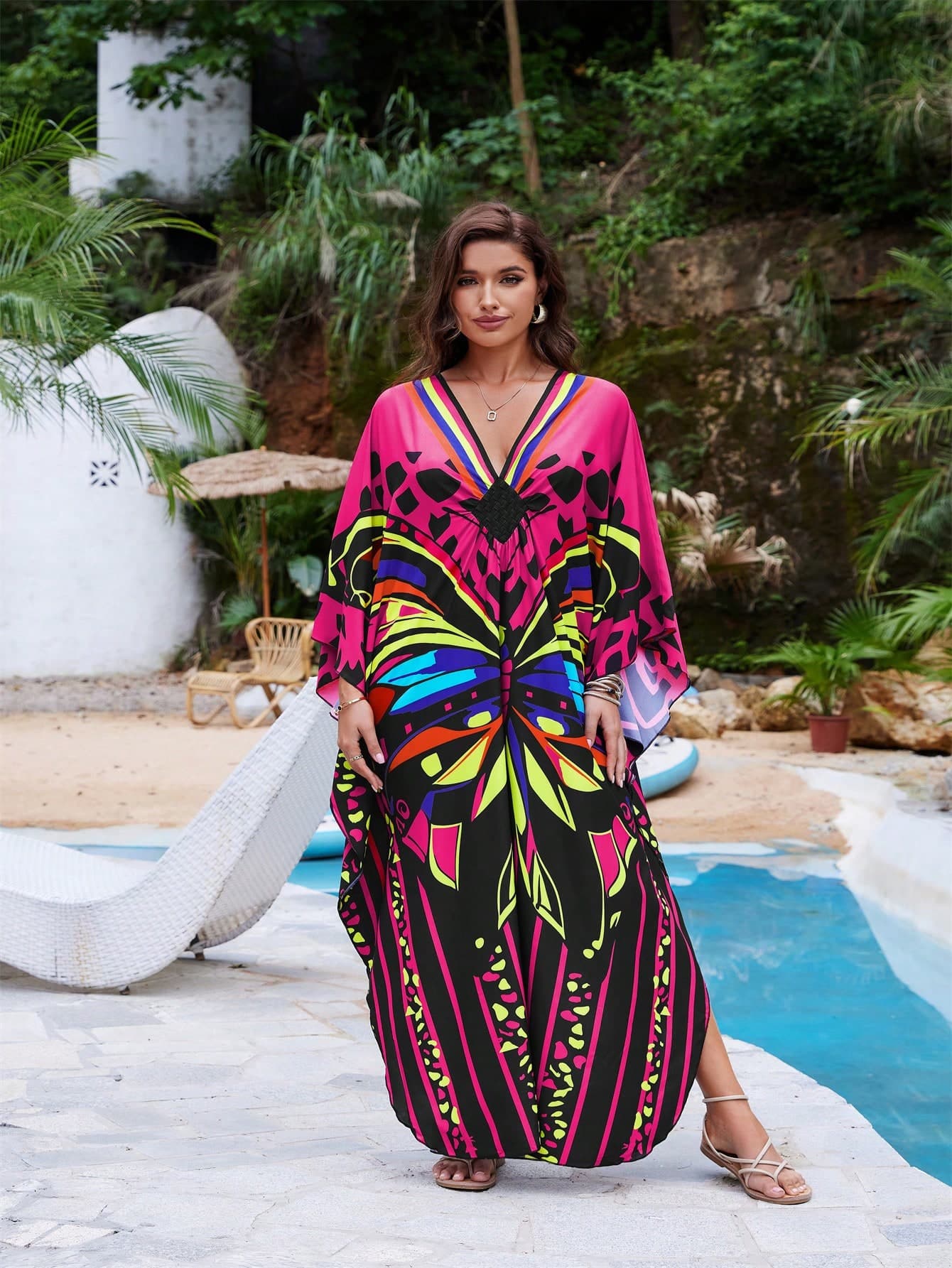 Women's Kaftan Four Side Stretch Digital Printed Side Split Dress Coverup Casual Beach Cover Up