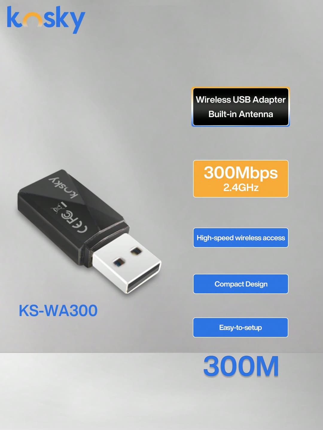 KOSKY 300 Mbps USB WiFi Adapter For PC Wireless Network Mini Wireless Network Card,Adapter For Desktop With 2.4GHz,Wifi Adapter, 802.11n, USB 2.0 Supports Win11/10/8.1/8/7/XP