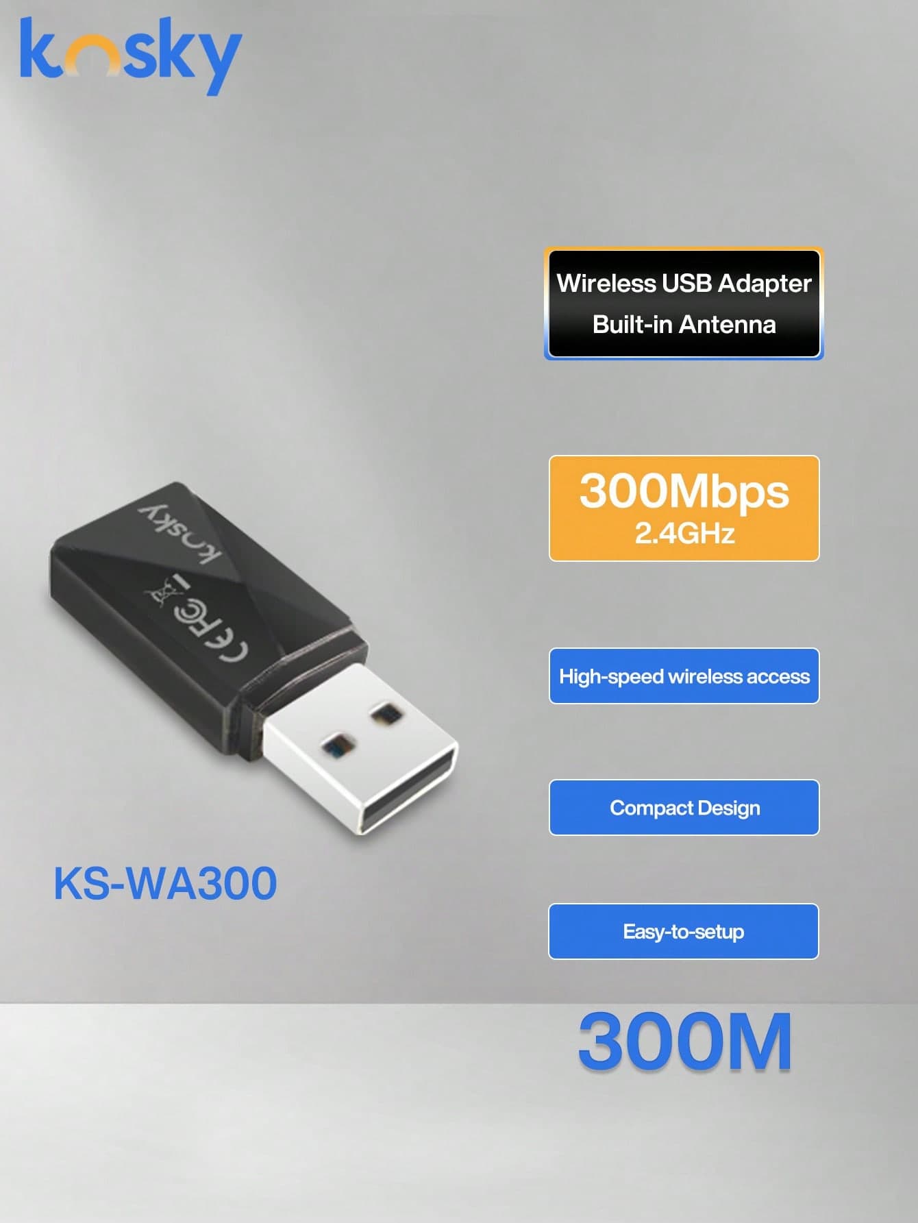 KOSKY 300 Mbps USB WiFi Adapter For PC Wireless Network Mini Wireless Network Card,Adapter For Desktop With 2.4GHz,Wifi Adapter, 802.11n, USB 2.0 Supports Win11/10/8.1/8/7/XP